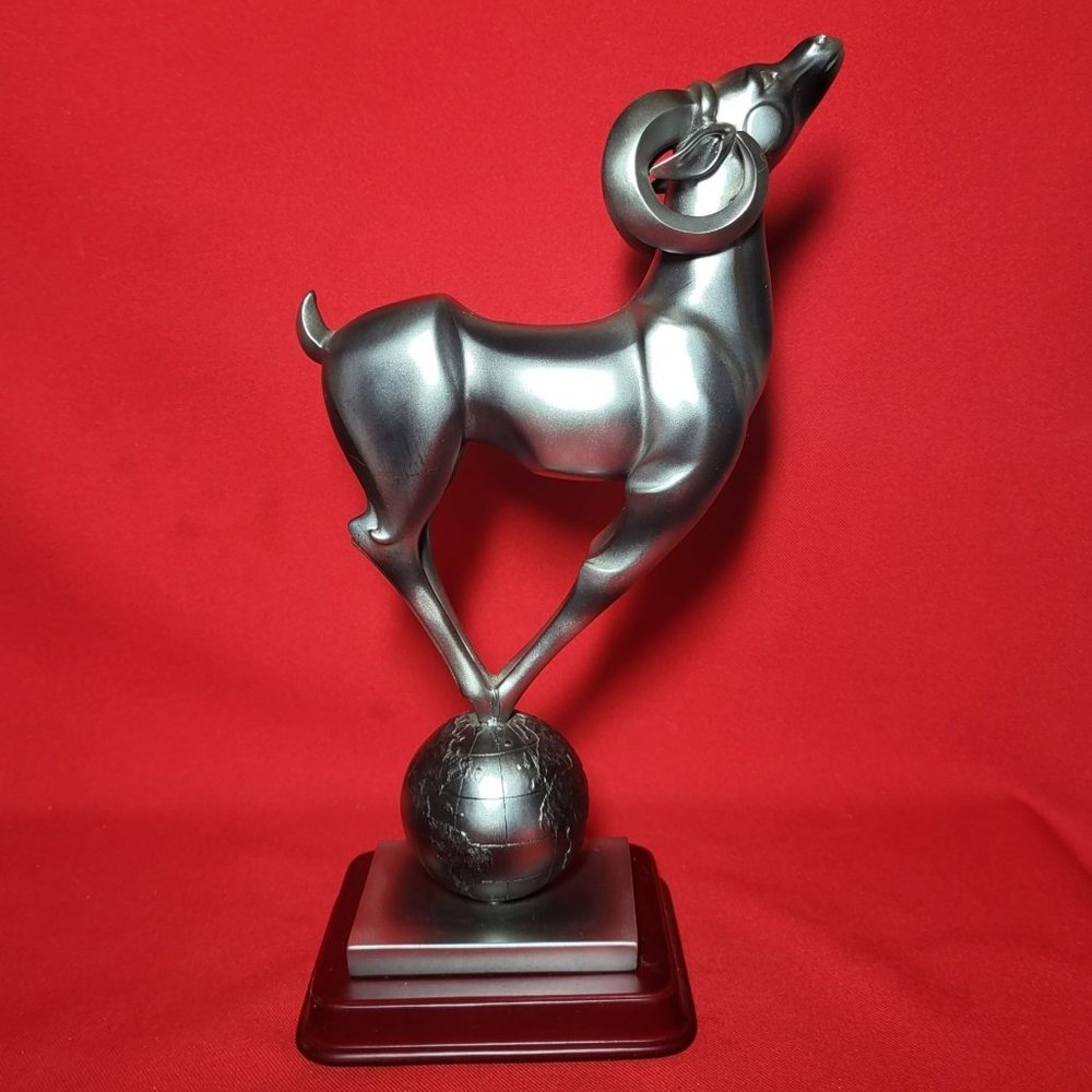 Herco Metal Brass Ram Standing on a Sphere Globe on a Wood Stand